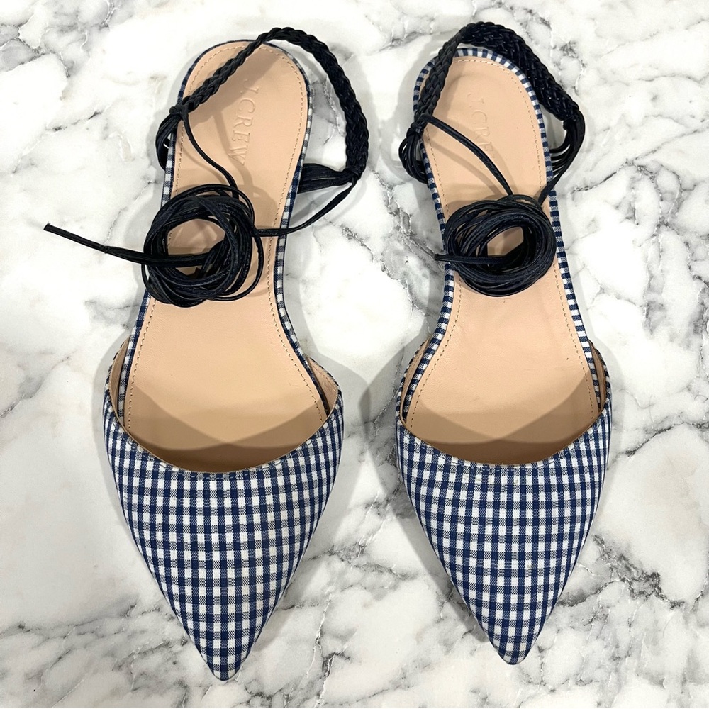 J.Crew Pointy Toe Blue White Gingham Lace Up Flats f1189 Woman’s Size 8